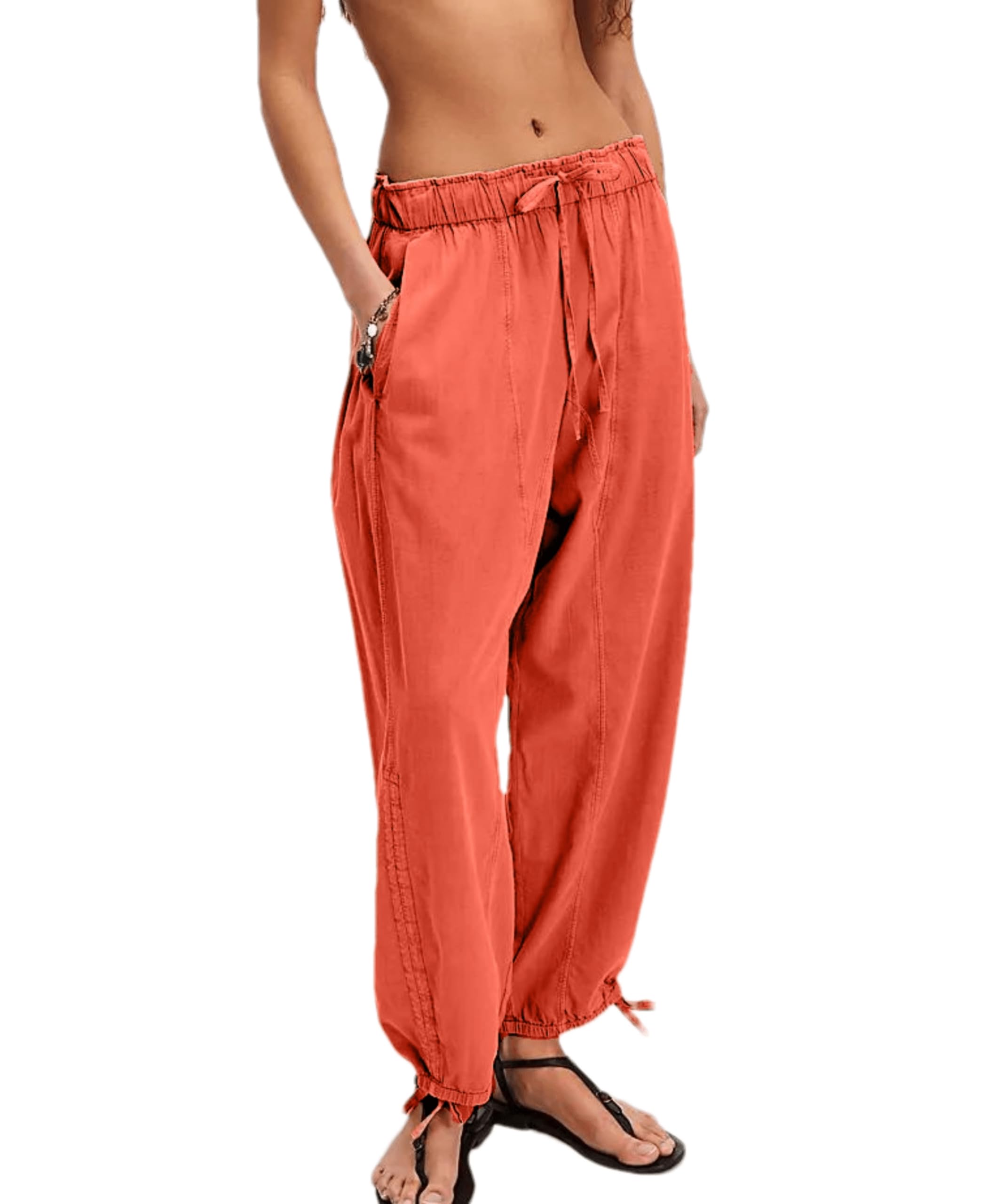 Aimiray Barrel Sweatpants Women Elastic High Waisted Wide Leg Linen Pants Casual Flowy Drawstring Barrel Pants with Pockets