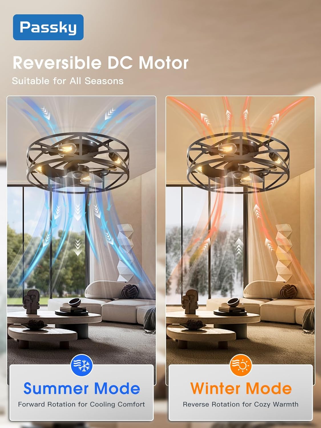 Black 20 Fandelier Ceiling Fan with Light, Caged Bladeless Ceiling Fans with Remote, Farmhouse Flush Mount Fan for Bedroom, Kitchen, Living Room, Black