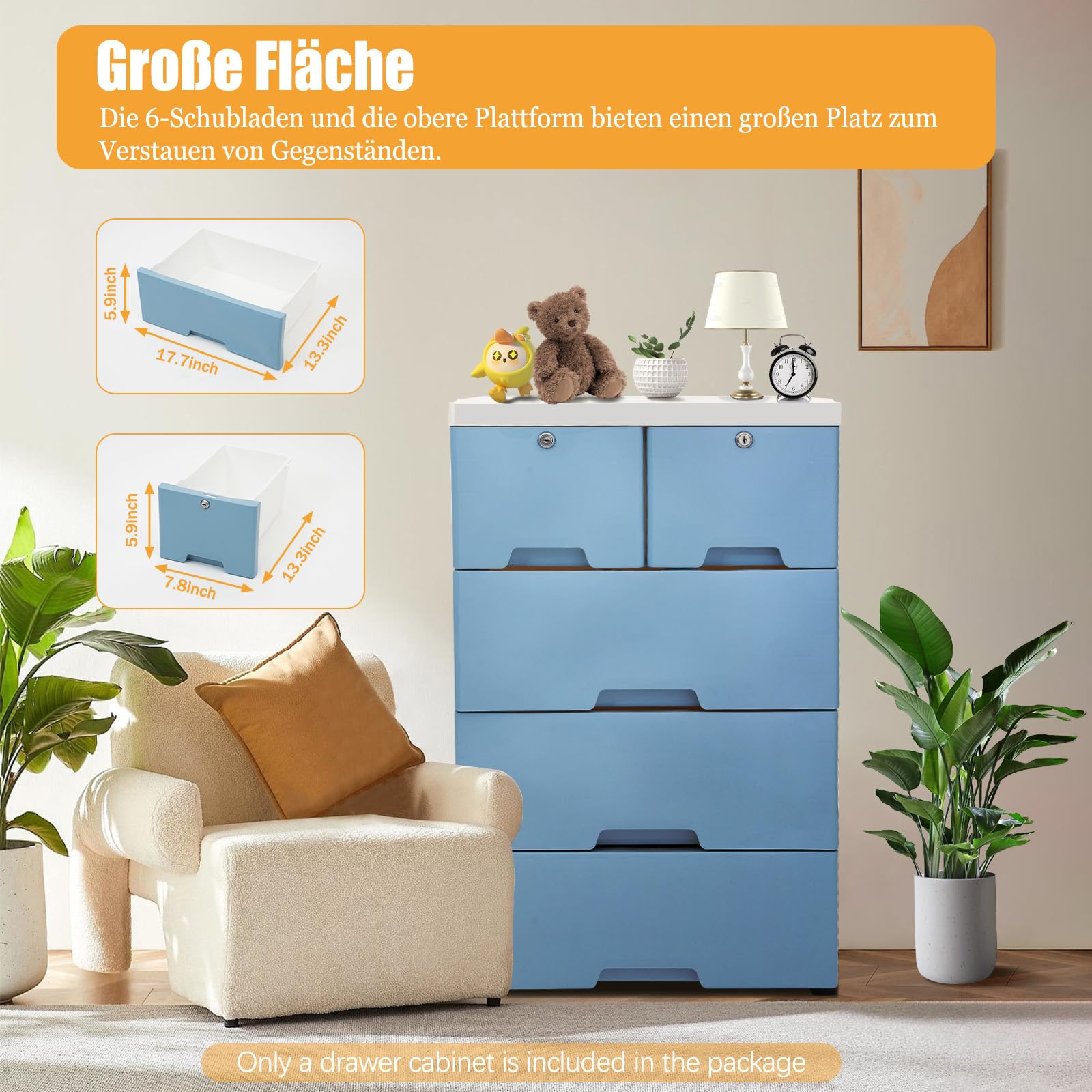 Cajonera de plástico con 6 cajones, apilable, organizador con cerradura, unidad independiente para el hogar, oficina, dormitorio, baño (azul)