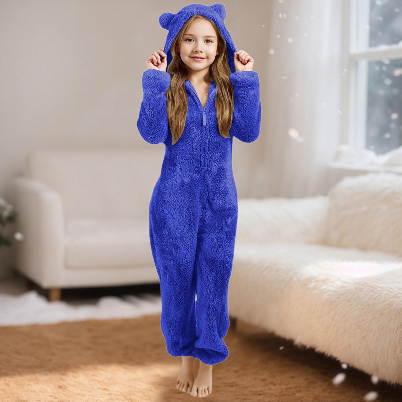 Generico Tuta Intera Bambina in Pile con Cappuccio Orecchie da Orso, Body Invernale Morbido con Zip per Bambine 3-12 Anni, Completo Unico Caldo per Attività all'Aperto