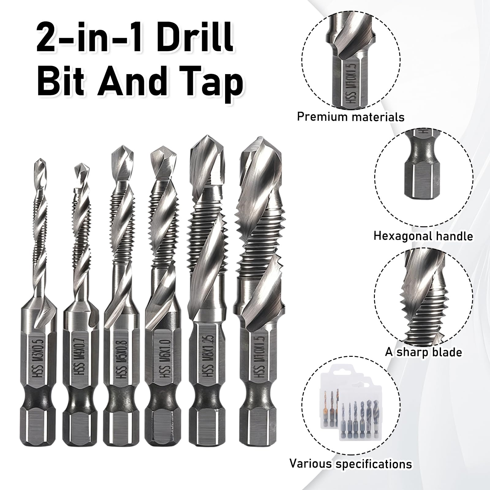 Set di maschi filettati, due pezzi, con filettatura M3, M4, M5, M6, M8, M10, per metallo, con codolo esagonale, foratura precisa per metallo, plastica e legno