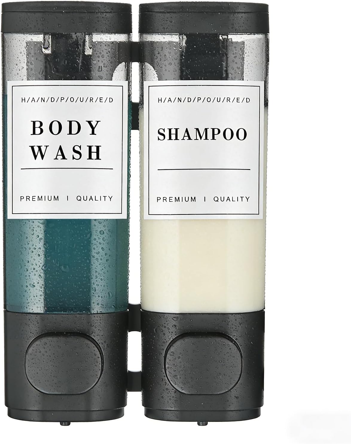 - Shampoo and Conditioner Dispenser Bathroom Shower Soap Dispenser Wall Mounted Shampoo Dispenser for Shower Wall No Drill 2 * 300ml Black 2 Chamber with Waterproof Labels