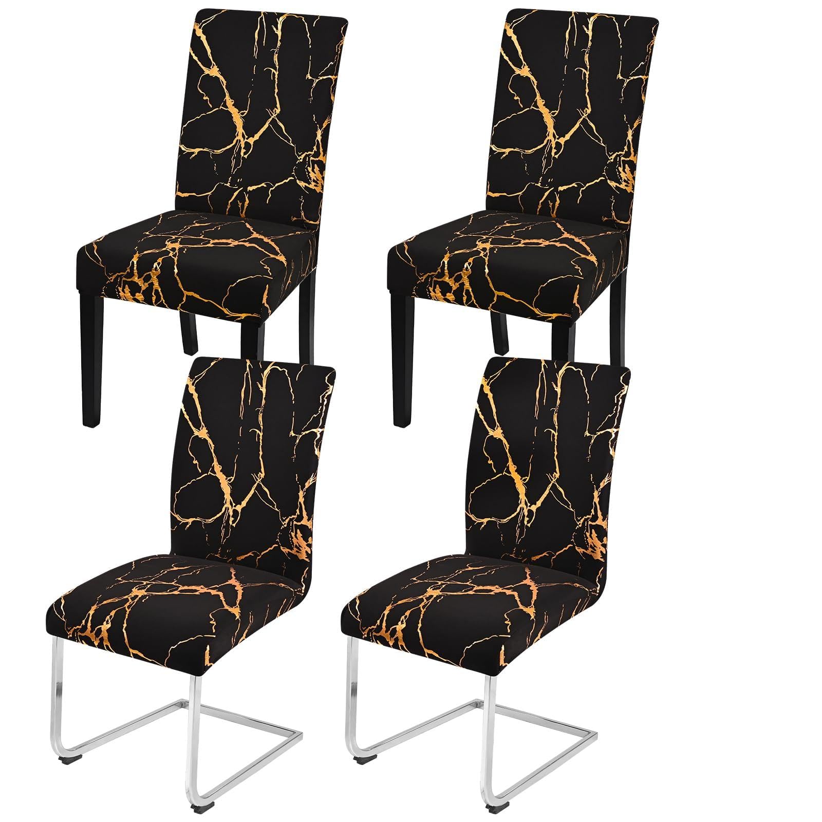 Alishomtll Dining Chair Covers Set of 4 Marble Pattern Stretch Black Gold
