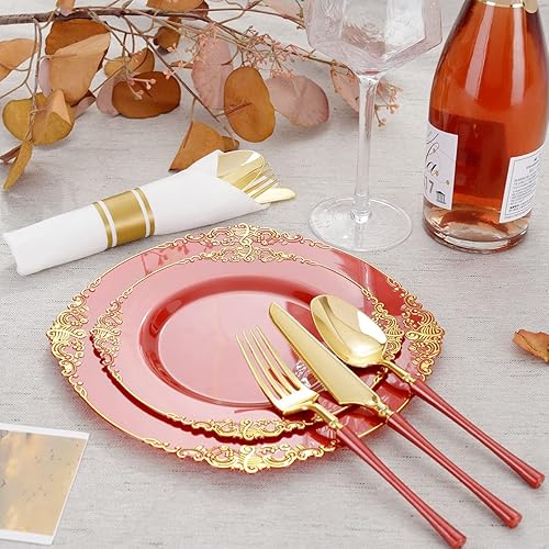 Miniatura 4 de Liacere Paquete de 30 cubiertos de plástico dorado con servilletas preenrolladas, cubiertos de plástico dorado de alta calidad con mango rojo,