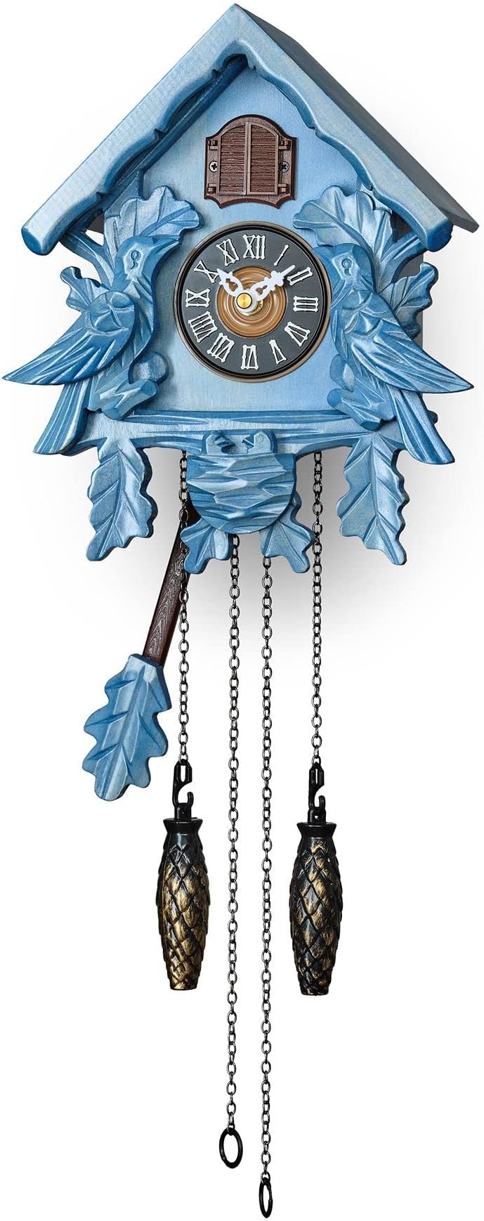 - Cuckoo Clock with Night Mode, Singing Bird, Wooden Decorations and Swinging Pendulum (Blue)