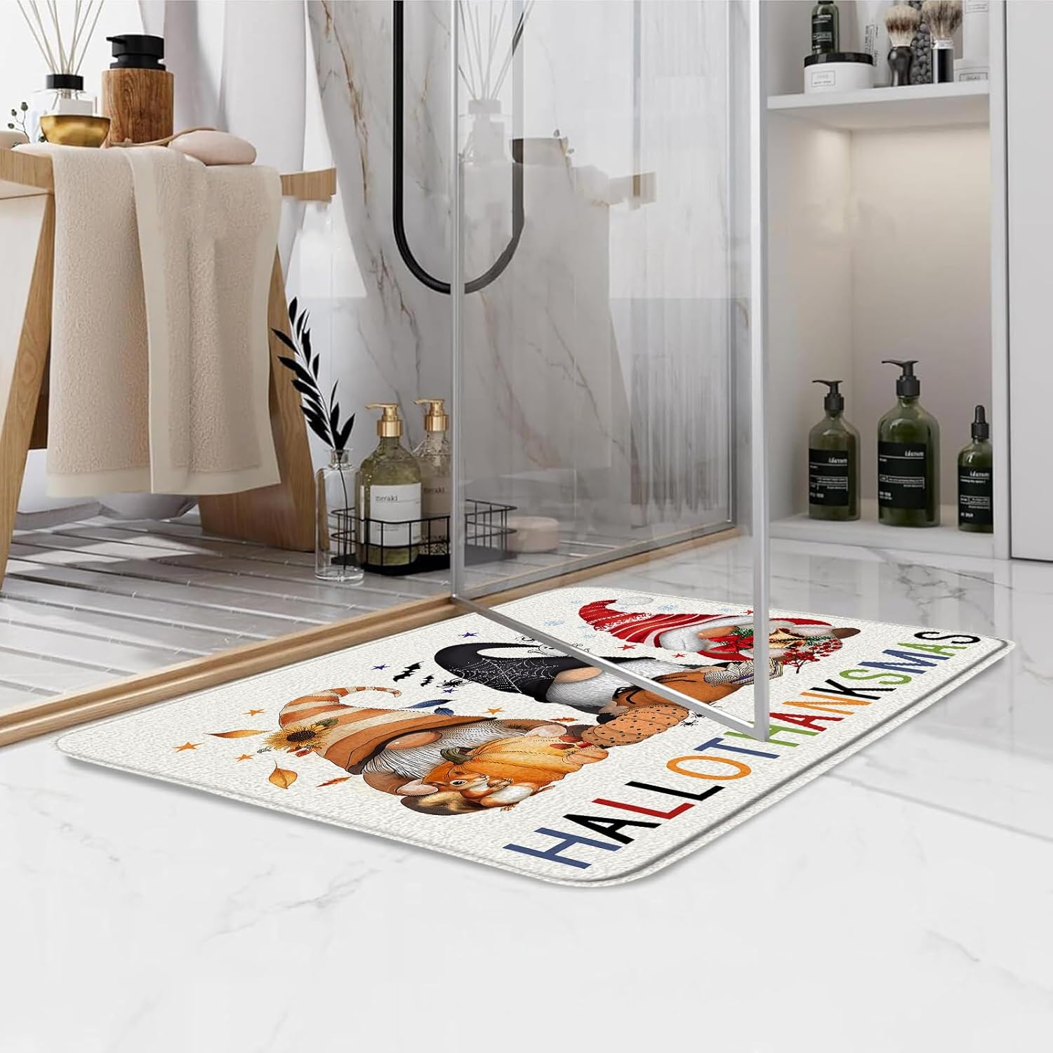 Halloween Hallothanksmas Gnome Bath Mat,Fall Autumn Thanksgiving Christmas Orange Black Red Bathroom Kitchen Runner Rug,24x70 Inch