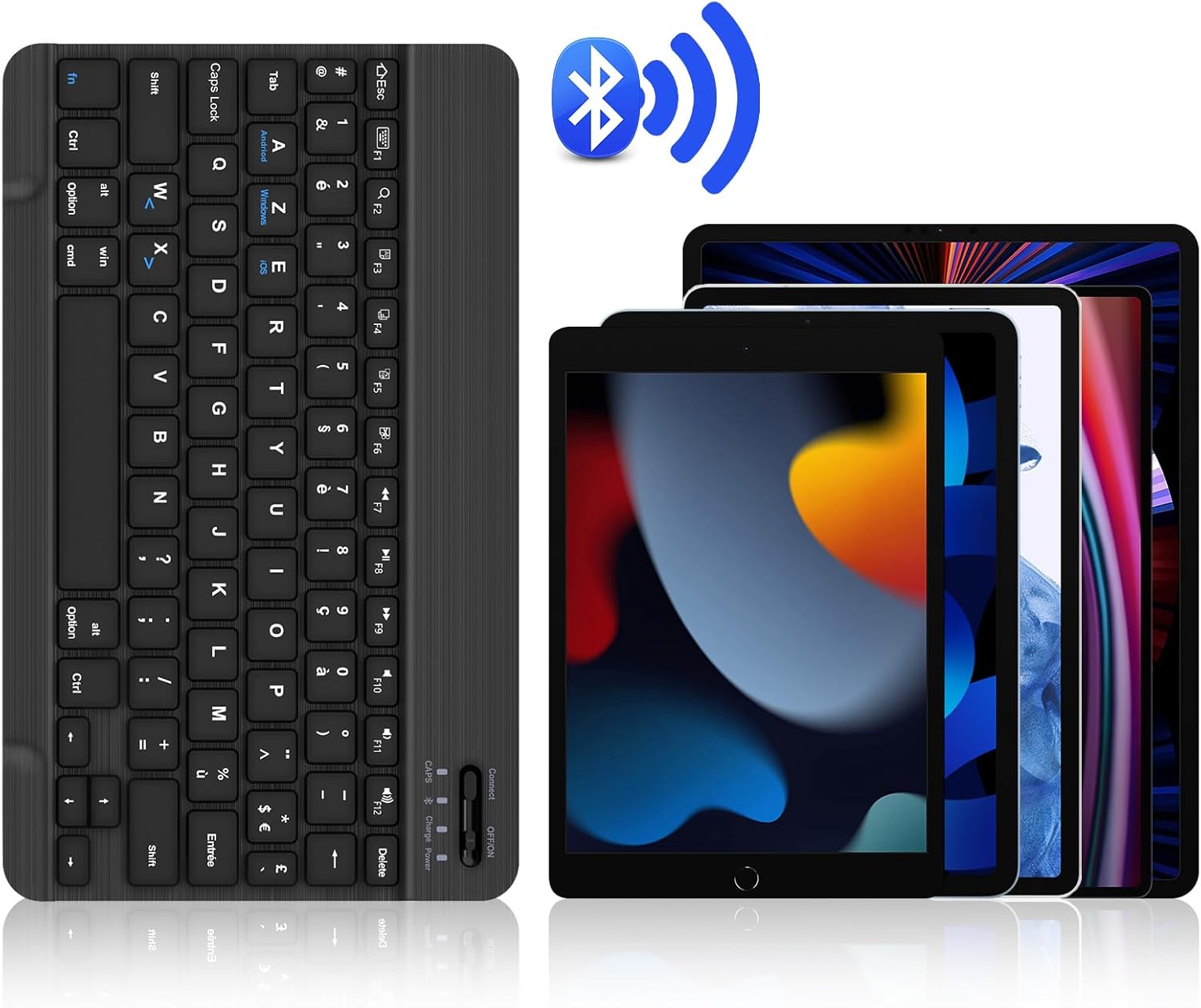 FOGARI wireless keyboard with a Bluetooth symbol and multiple tablets, illustrating multi-device compatibility.