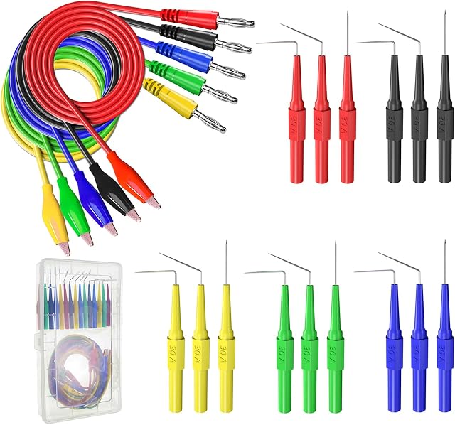 Cleqee 20IN1 Test Leads Back Probe Kit, 5 Colors Back Probe Pins & 4mm Banana Plug to Copper Alligator Clip Test Leads for Multimeter Automotive Testing