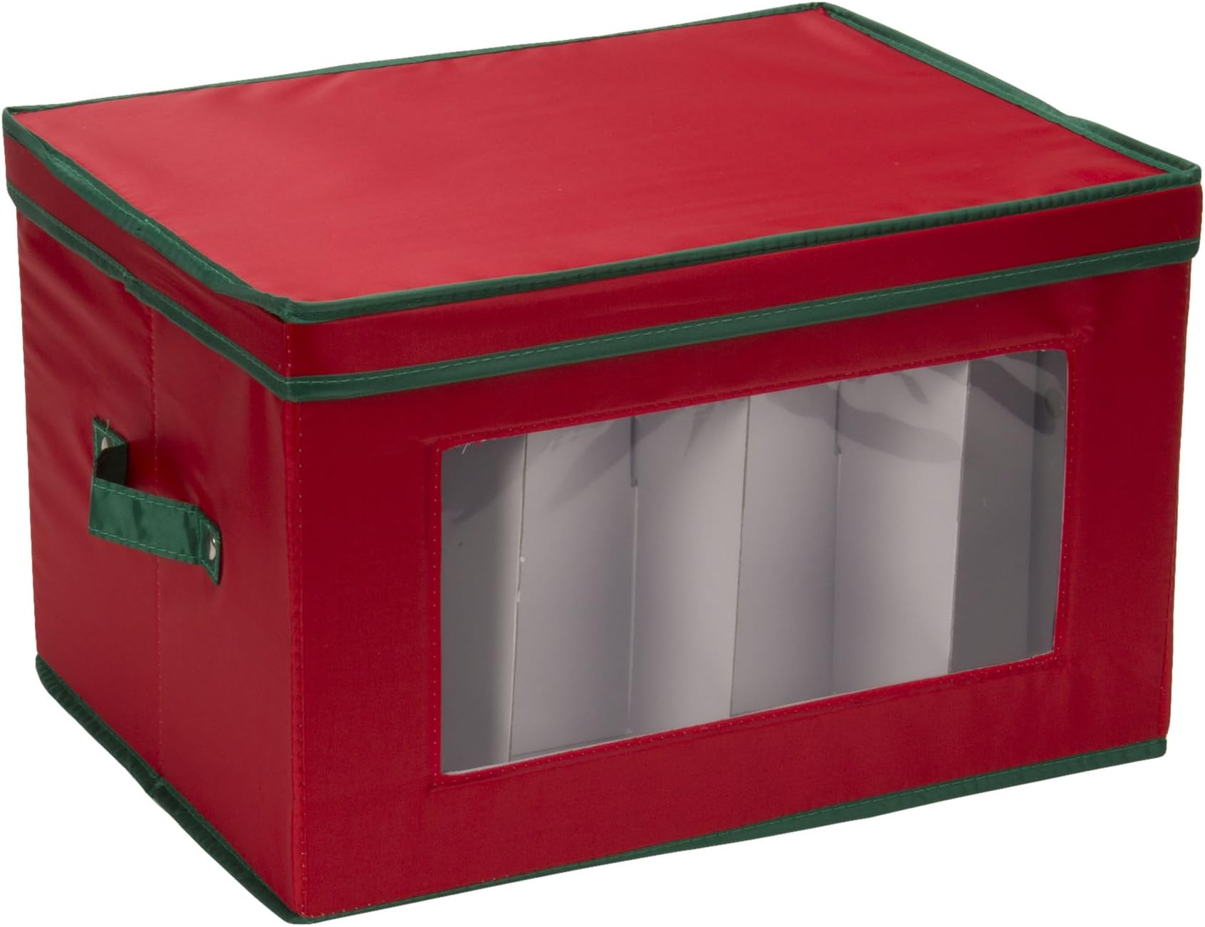 Household Essentials Stemware Storage Box with Lid and Handles | Champagne Glasses | Red Canvas with Green Trim