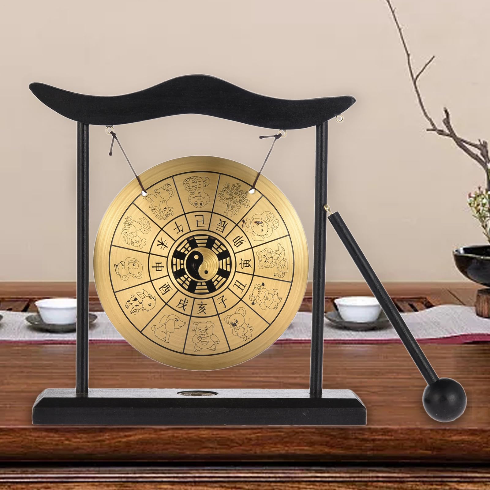 Mini Gong con Mazo - Gong De Escritorio De 12,5 Cm Fácil De Mantener con Soporte, Instrumento De Percusión De Latón con Sonido Agradable, De Viento Chino | Muebles Orientales Decoración