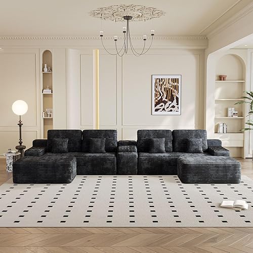 KEIKI Sofá modular de pana de gran tamaño en forma de U de 150 pulgadas con 2 otomanas y consola multifuncional, sofá tapizado de 6 plazas con USB y