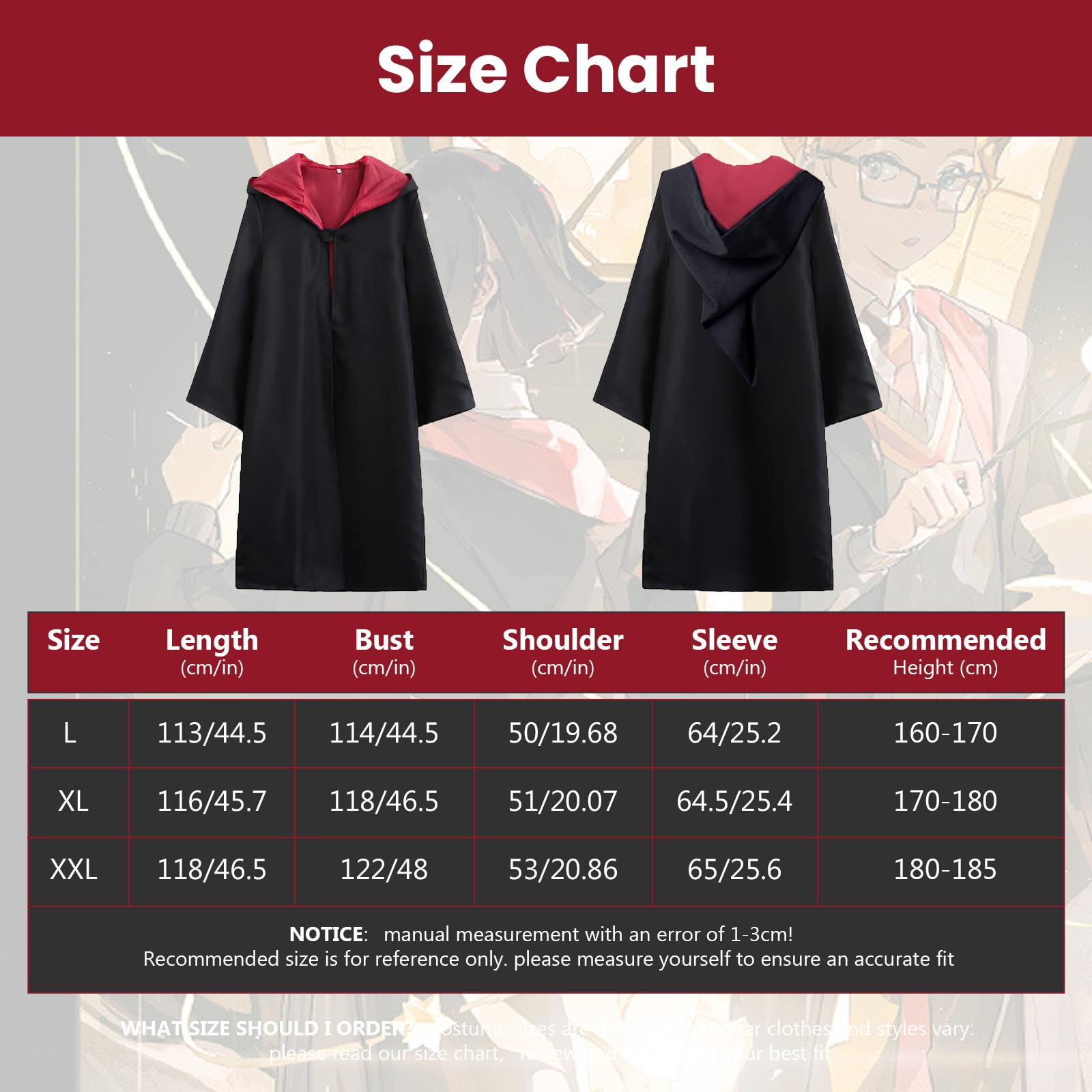 Kitimi Magic Robe, Umhang,4PCS Zauberer Cosplay Kostüm für Erwachsene,with Cape,Magic Wand,Glasses,Scarf,Tie,Halloween Wizard Costume for Cosplay,Carnival,Fancy Dress