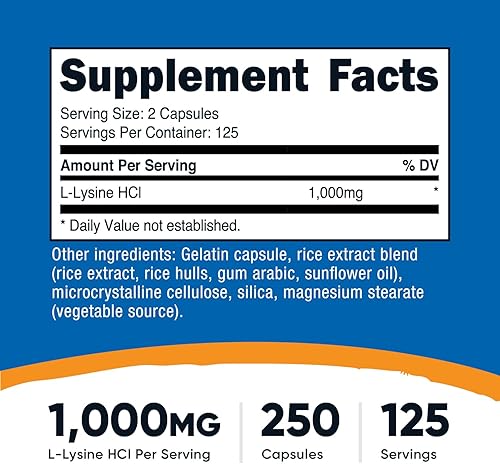Vista 15 de Nutricost L-lisina 1000 mg por porción, 250 porciones, 500 cápsulas – Sin gluten, sin OMG, 500 mg por cápsula
