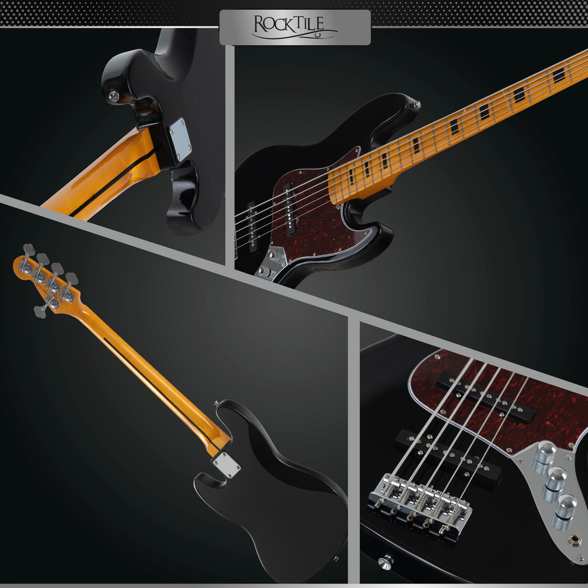 Rocktile Pro JBS50-BK E-Bass - 5-saitiger JB-Style Bass mit Lindenkorpus - Ahornhals & Ahorngriffbrett - 2x Single Coil Tonabnehmer - 2x Volume, 1x Tone Regler - 34" Mensur - Schwarz
