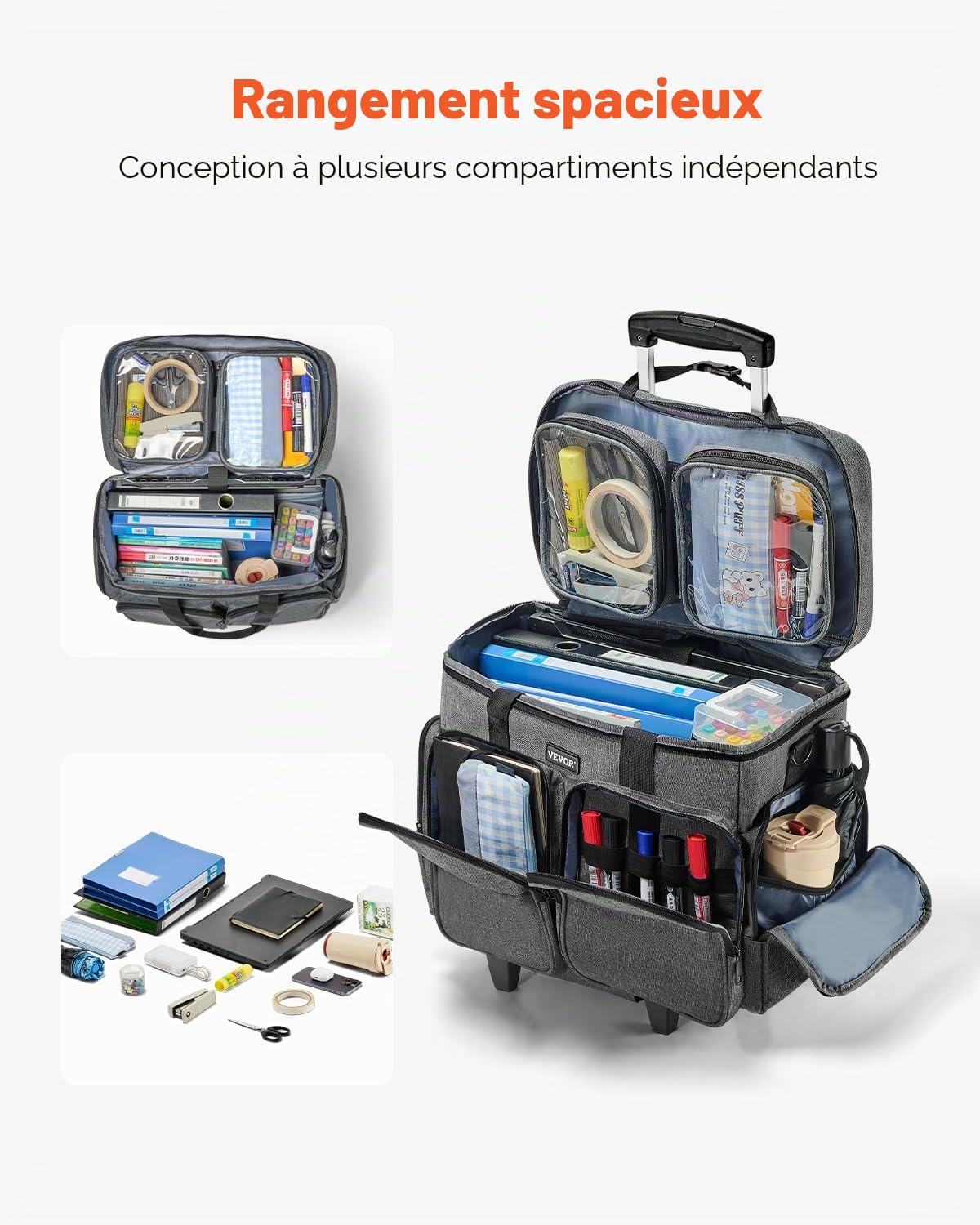 VEVOR Sac à roulettes pour Ordinateur Portable Jusqu'à 15,6 Pouces, Mallette à roulettes de PC avec Chariot Amovible, Poignée Télescopique, Tissu Mat 600D, pour Travail, Voyages, Femmes, Hommes, Gris