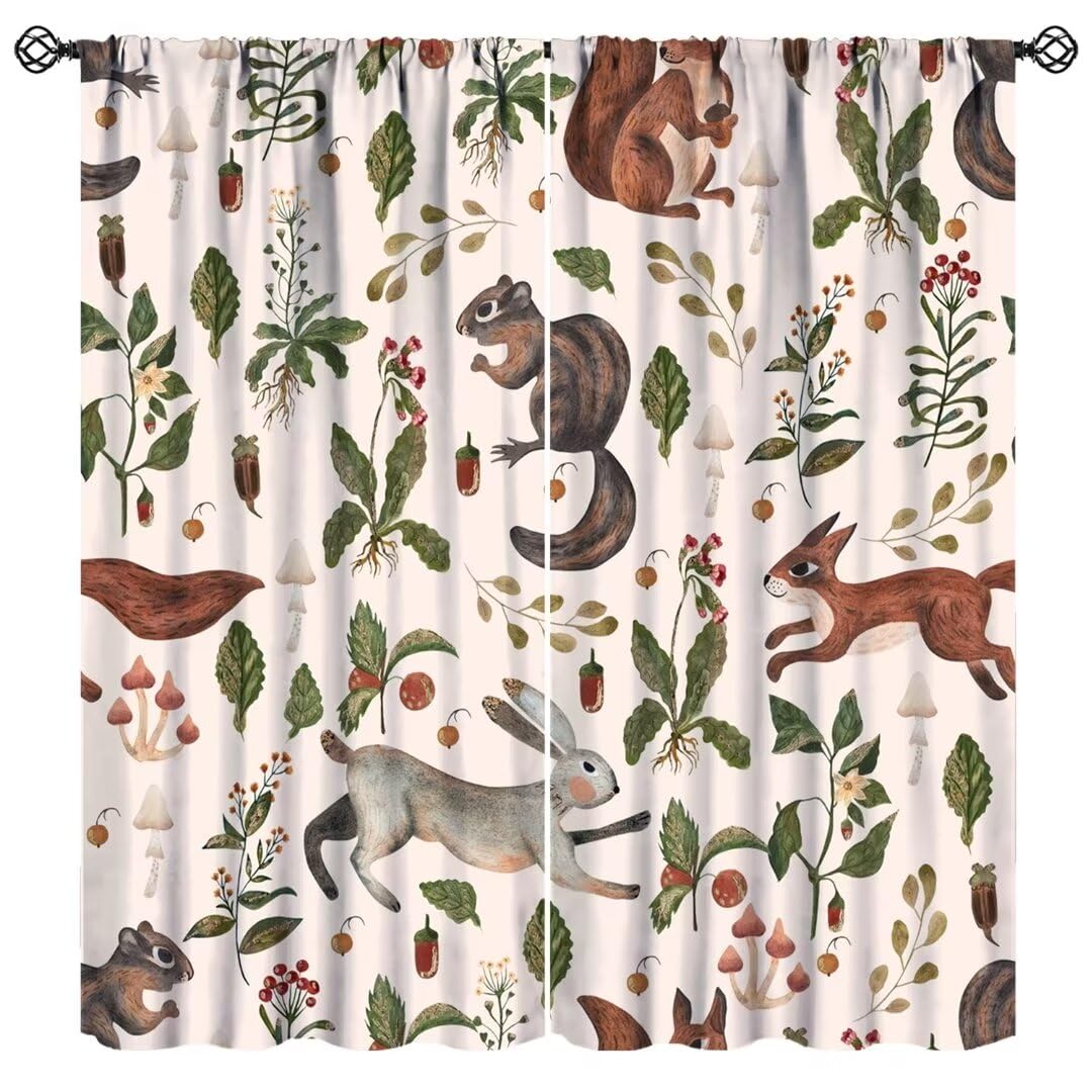 JanJCurt Rustic Forest Curtains, Cartoon Woodland Wild Animals Rabbit Fox Vintage Botanical Mushroom Herbs Blackout Window Drapes for Farmhouse