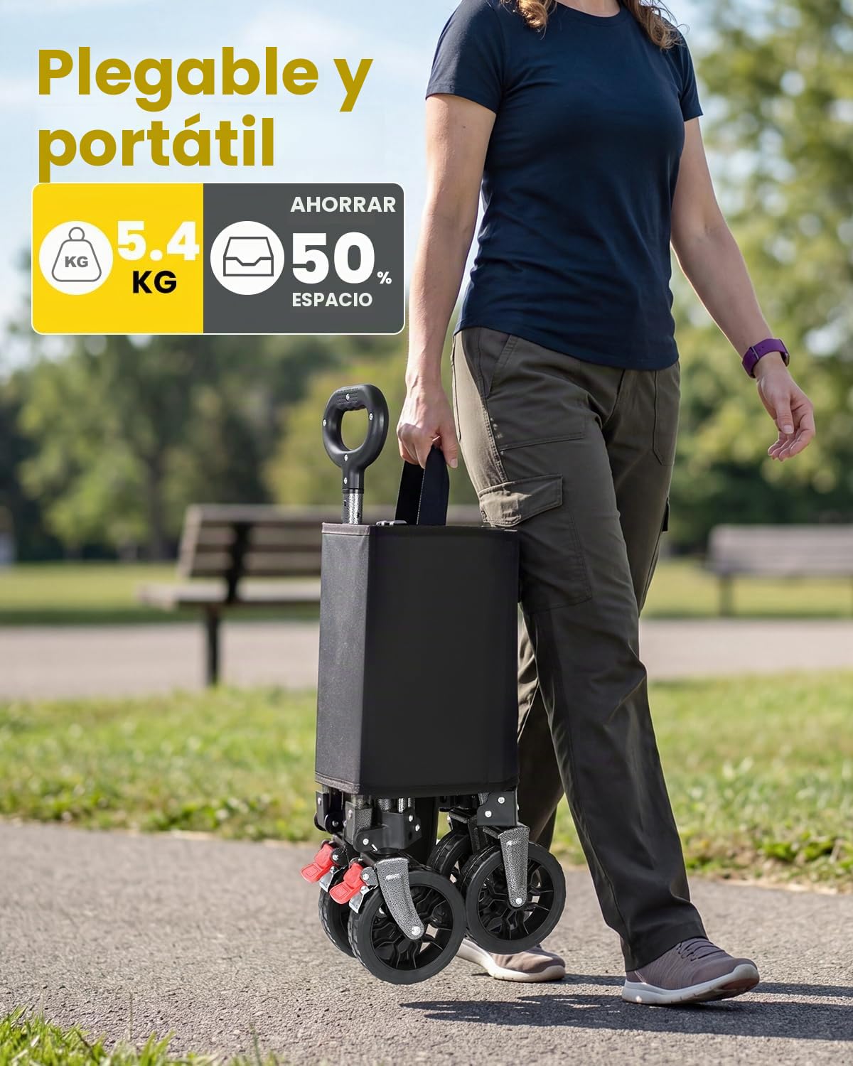 YEAUPE PRO Carro Playa Plegable con Ruedas – 70L, 50 kg – Ruedas Amovibles, Mango Ajustable, Acceso Lateral con Cremallera y Diseño Compacto, Ideal para jardín, paquetería y hogar – Negro Tinta