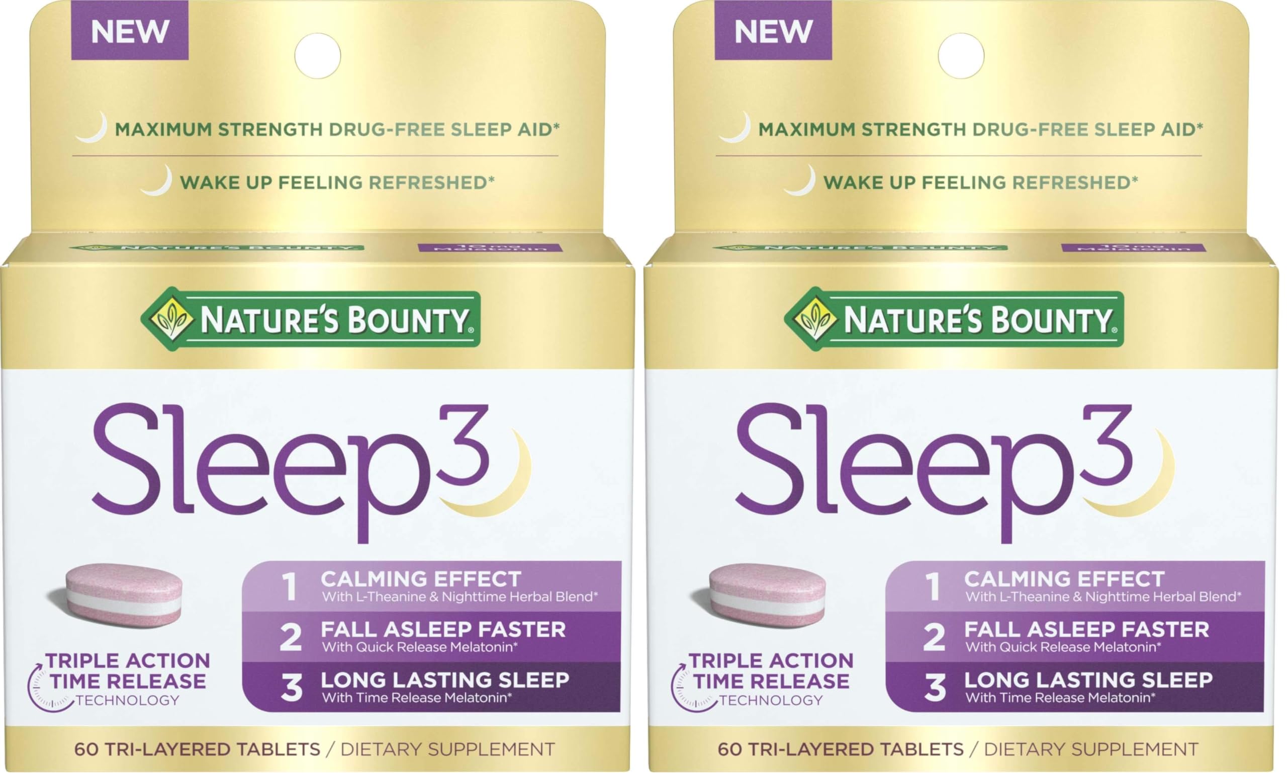 Nature's Bounty Sleep3 Melatonin 10mg,Maximum Strength 100% Drug Free Sleep Aid,Dietary Supplement,L-Theanine & Nighttime Herbal Blend Time Release Technology,6