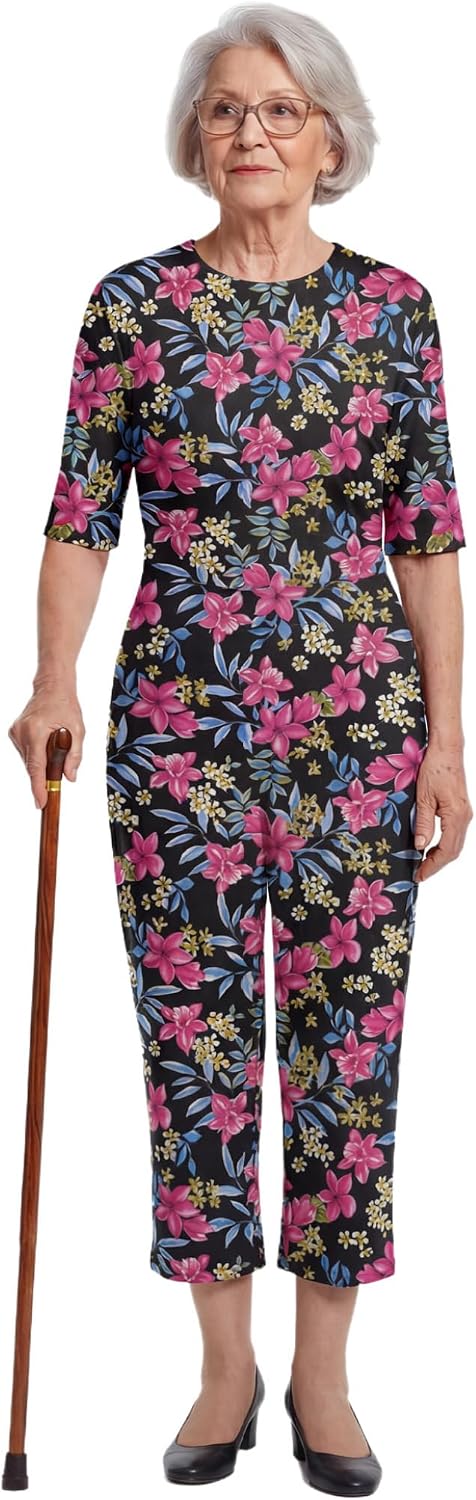 Women Anti-Strip Adaptive Jumpsuit with Back-Zipper One-Piece Short-Sleeved Trousers for Elderly Adults