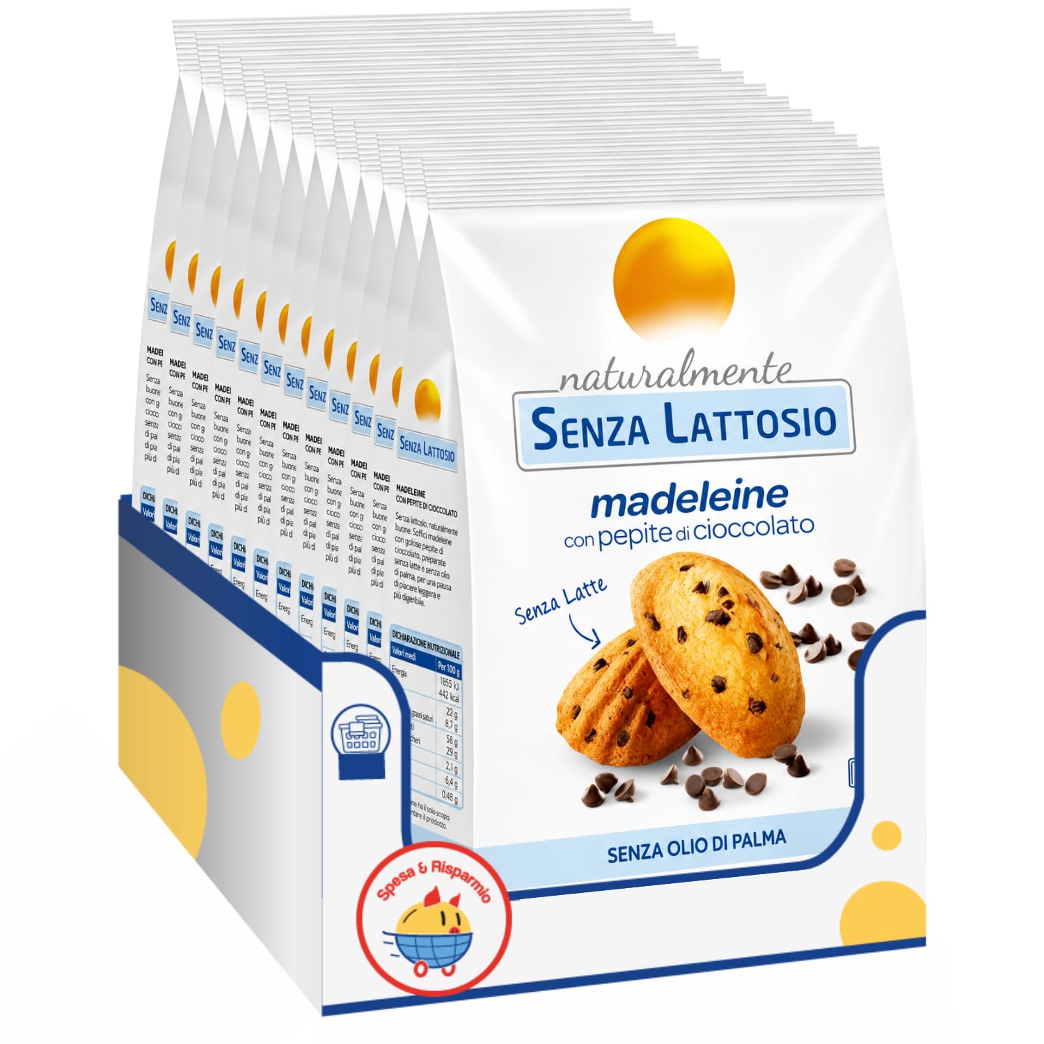 Merendine Senza Lattosio Madeleine con Gocce di Cioccolato 210g Snack Dolci Soffici Senza Olio di Palma Ideali per Colazione e Merenda Confezione Multipla 4/8/12 Pezzi (12 PEZZI)
