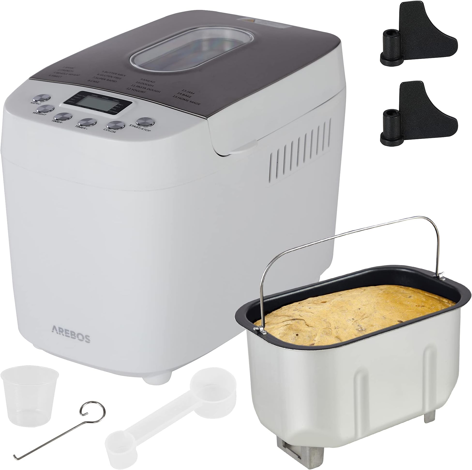 Arebos bread maker 1500g | with 15 programs | 2 dough hooks | timer | LCD display | 3 browning degrees and bread sizes | 850 W | White