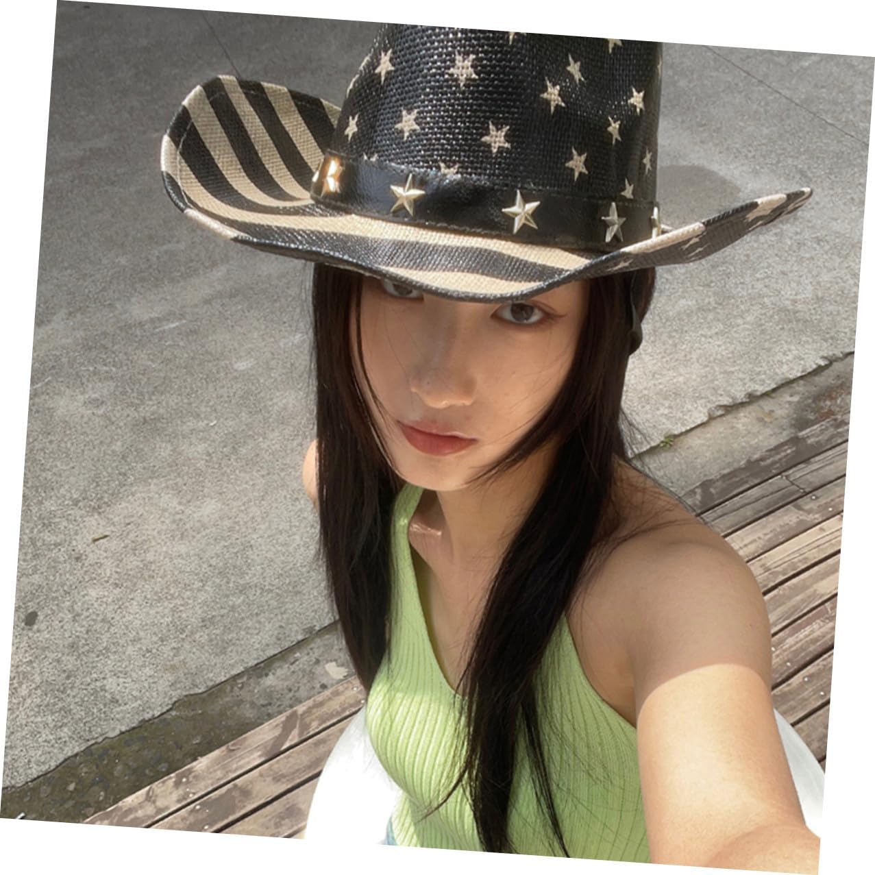 American Flag Cowboy Hat Wide Brim Straw Hat Unisex Vintage Western Patriotic 4th of July Independence Day Party Headwear Black