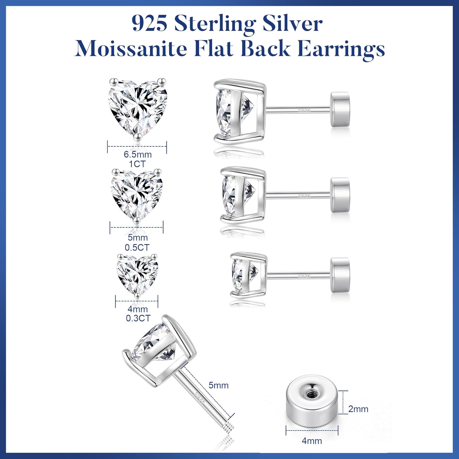 MOOSEA 2ct Heart Cut Moissanite Earrings for Women, Moissanite Stud Earring Screw Back 925 Sterling Silver Flat Back Earrings for Women Men Jewelry Gifts - Image 6