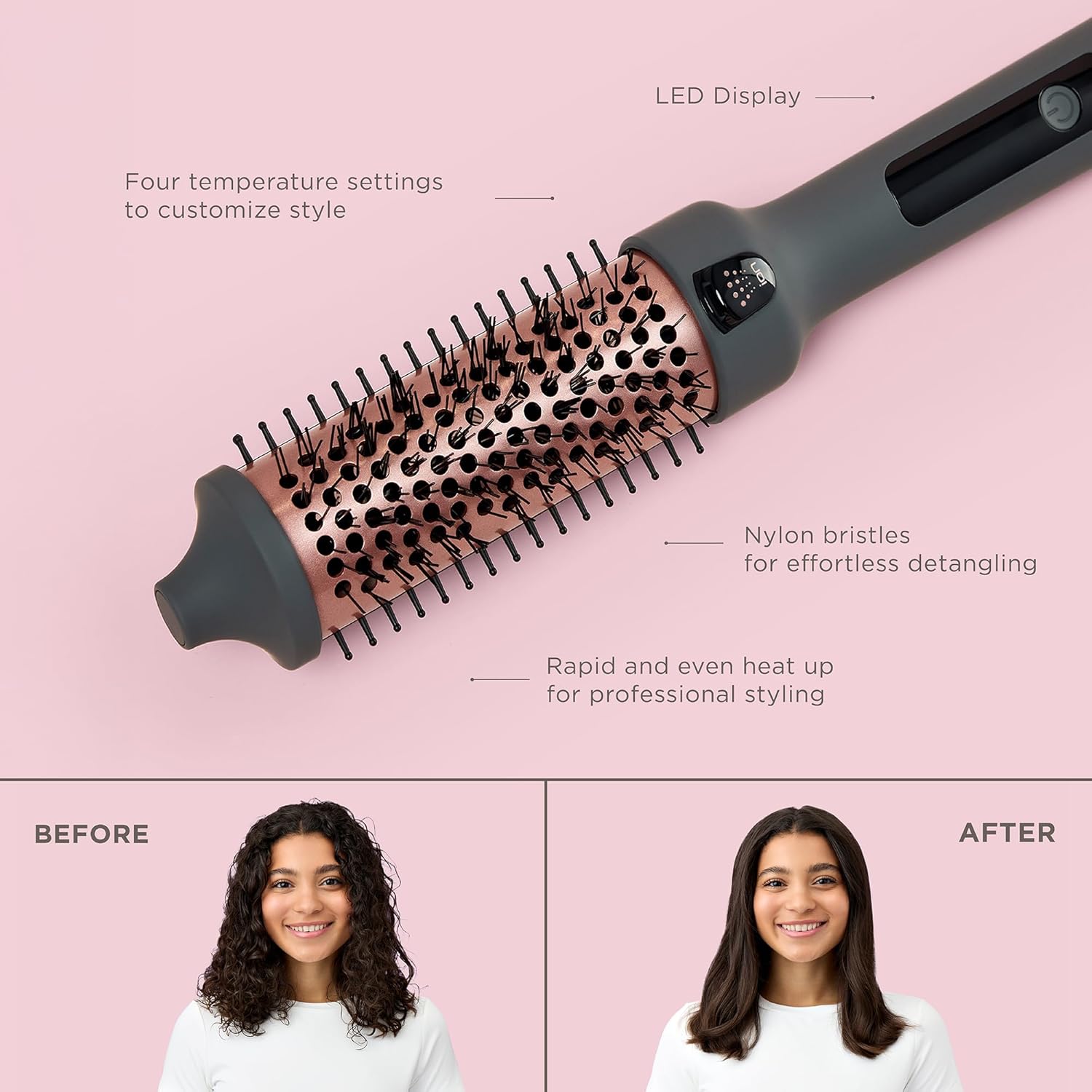 Hairitage Heated Curl Brush - 1.5 Inch Thermal Round Brush for Smooth & Frizz-Free Hair -10 Minute Blowout -Effortless Curls - Refresh Your Look - Ceramic Tourmaline Ion Technology - Up to 400 Degrees