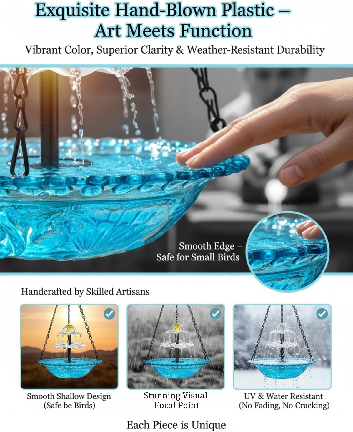Cascade Solaire Suspendue Eagle Bath Fountain Heater Solaire alimenté Eadbath Colibri Fontaine d'eau Grande 3 Couches Pompe de Bain d'oiseau Bol en Verre pour Patio extérieur Cour (Gris)