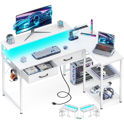 Coleshome 40 Inch L Shaped Gaming Desk with 2 Drawers & Storage Shelves, Computer Desk with USB Ports, Study Writing Table for Bedroom, Simple Modern Laptop Desk for Home Office, White