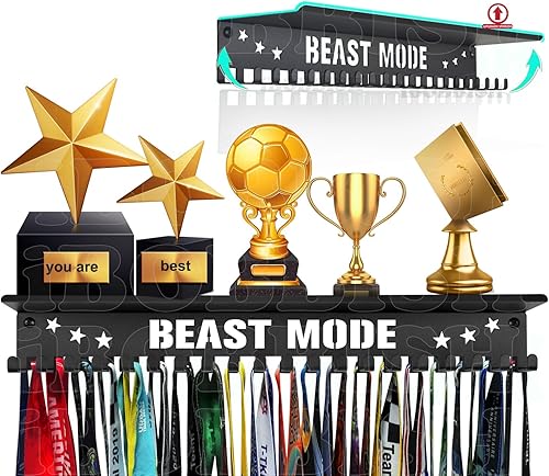 Vista 22 de Metal Medal Hanger Display,Non-Slip Trophy Shelf with 20 Hooks,Wall Mount,Heavy Duty,Non-Bent,Holds 22-33lbs,for Gymnastics,Race,Soccer,Swim Negro