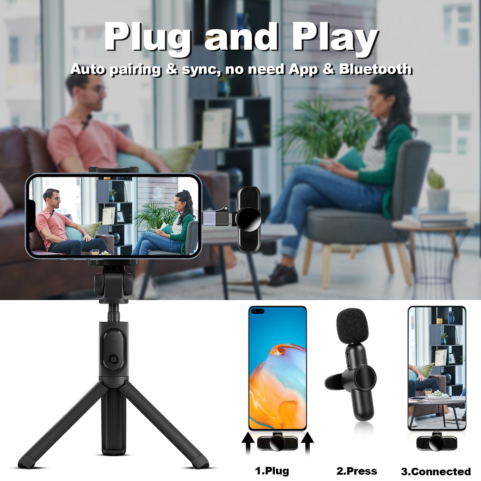 Micrófono Inalámbrico Lavalier para iPhone/Android/PC, 3 en 1 Micrófono Inalámbrico Profesional, Plug & Play, Portátil Micrófono para Grabación de Video, Youtube, TikTok, Vlog, Facebook