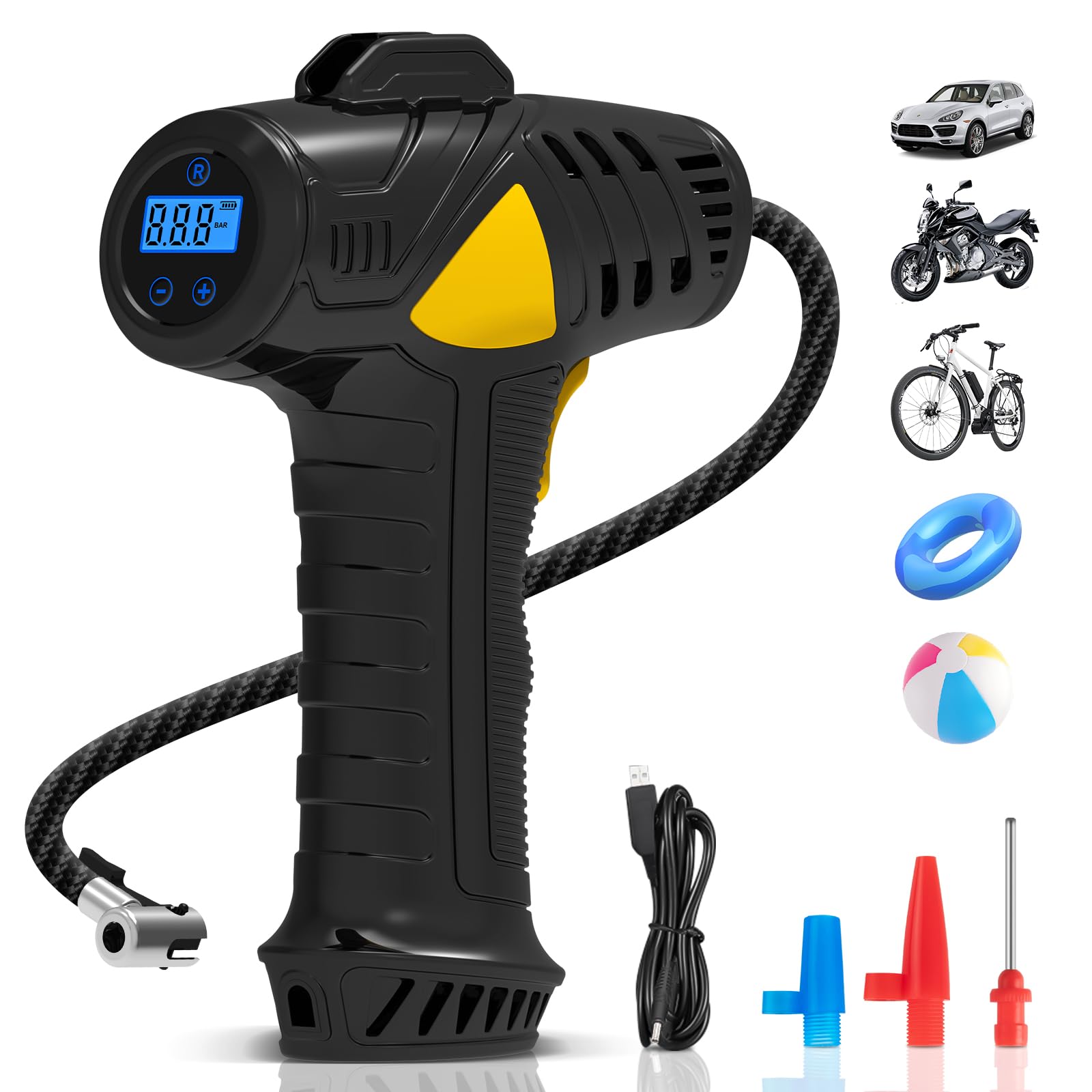 LvelfeCordless Tyre Inflator Air Compressor,Digital Tyre Inflator,12V USB Rechargeable Battery,150PSI Pistol-Style Design,with LED Light and 3 Nozzle Adaptors,Car Pumps for Car Tyres,Motorcycle,Ball