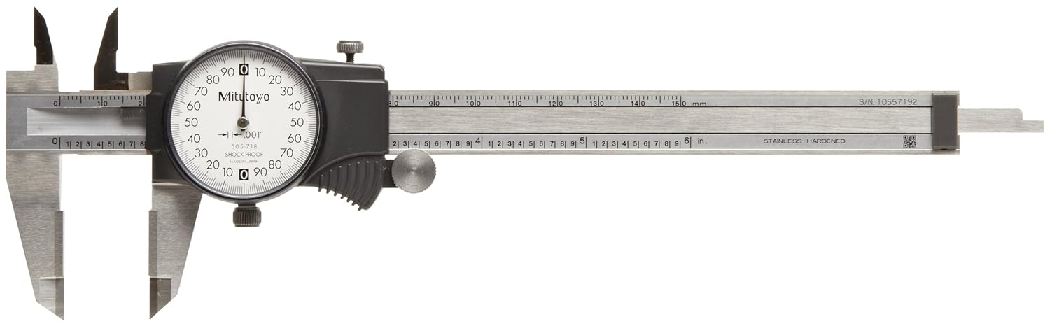 Mitutoyo 505-718 Dial Calipers, Inch, White Face, for Inside, Outside, Depth and Step Measurements, Stainless Steel, 0"-6" Range, +/-0.001" Accuracy, 0.001" Resolution, 40mm Jaw Depth