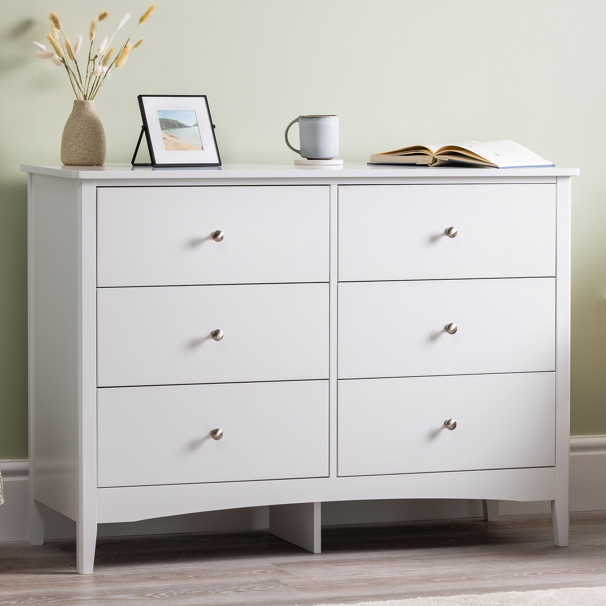 Christow White Chest Of Drawers, 6 Drawer Storage Organiser Unit, Modern Wooden MDF Bedroom Cabinet Furniture, Living Room Hallway, Brushed Chrome Handles, Smooth Glide Runners (H70cm x W80cm x D40cm)