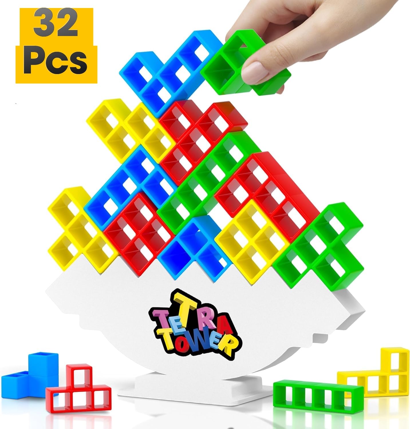 32 Pcs Tetra Tower Game Balance Stacking Attack Block Game, Tetris Swing Terra Tower, Family Board Games for Kids & Adults, Team Building Parties Travel Toy