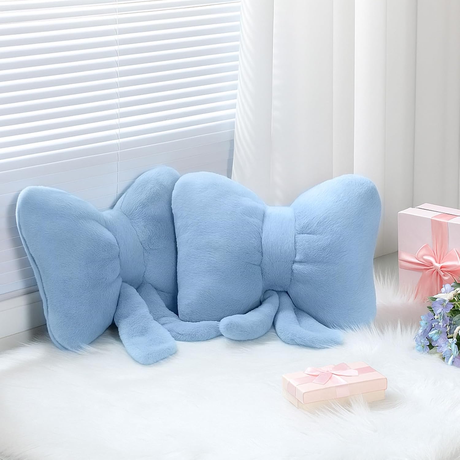 Beeveer 2 Pcs Pink Bow Pillow Faux Fur Pink Throw Pillows Soft Furry Coquette Decorative Cushion Cute Plush Bow Decor for Xmas Girls Home Room Bed Sofa Couch Car Gifts, 12 * 16 Inch