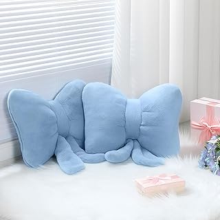 Beeveer 2 Pcs Blue Bow Pillow Faux Fur Blue Throw Pillows Soft Furry Coquette Decorative Cushion Cute Plush Bow Decor for Xmas Girls Home Room Bed Sofa Couch Car Gifts, 12 * 16 Inch