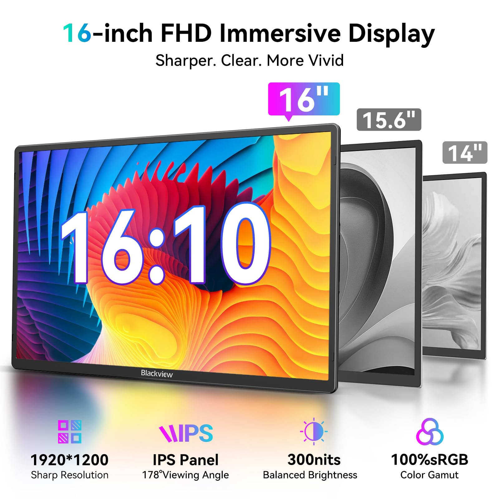 Blackview 16" [1080P+120P] Portable Monitor, [360° Durable Lightweight Rotating Magnetic] Portable Monitor for Laptop, True Plug and Play for Business Trip Journey, for MAC Windows Android Chrome OS - 5