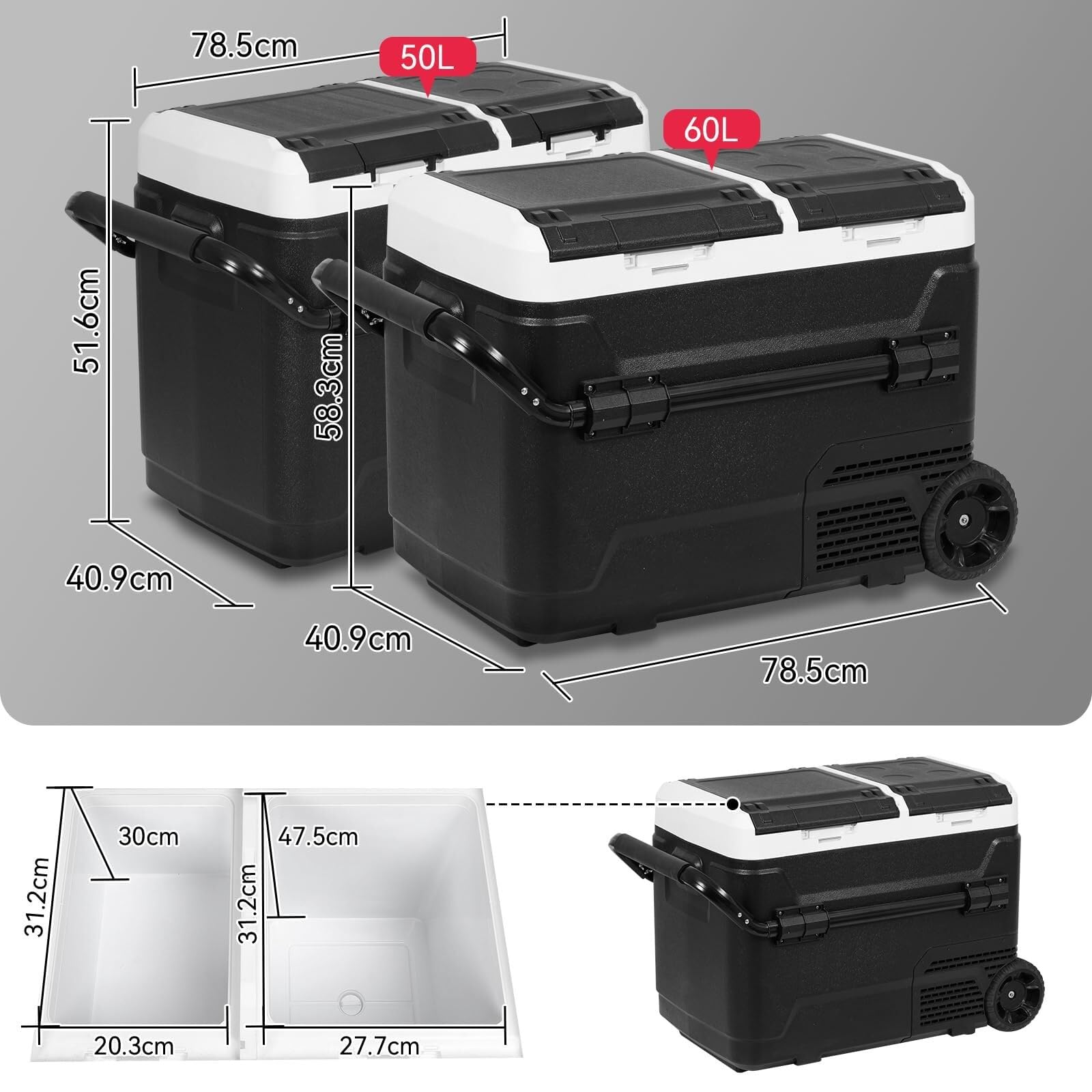 Frigo Auto 60L, Frigo da Campeggio Doppia Zona con Controllo App, 12V/220V, con Maniglia telescopica per Auto, Camion, Camper, Barca, Fino a -20 °C