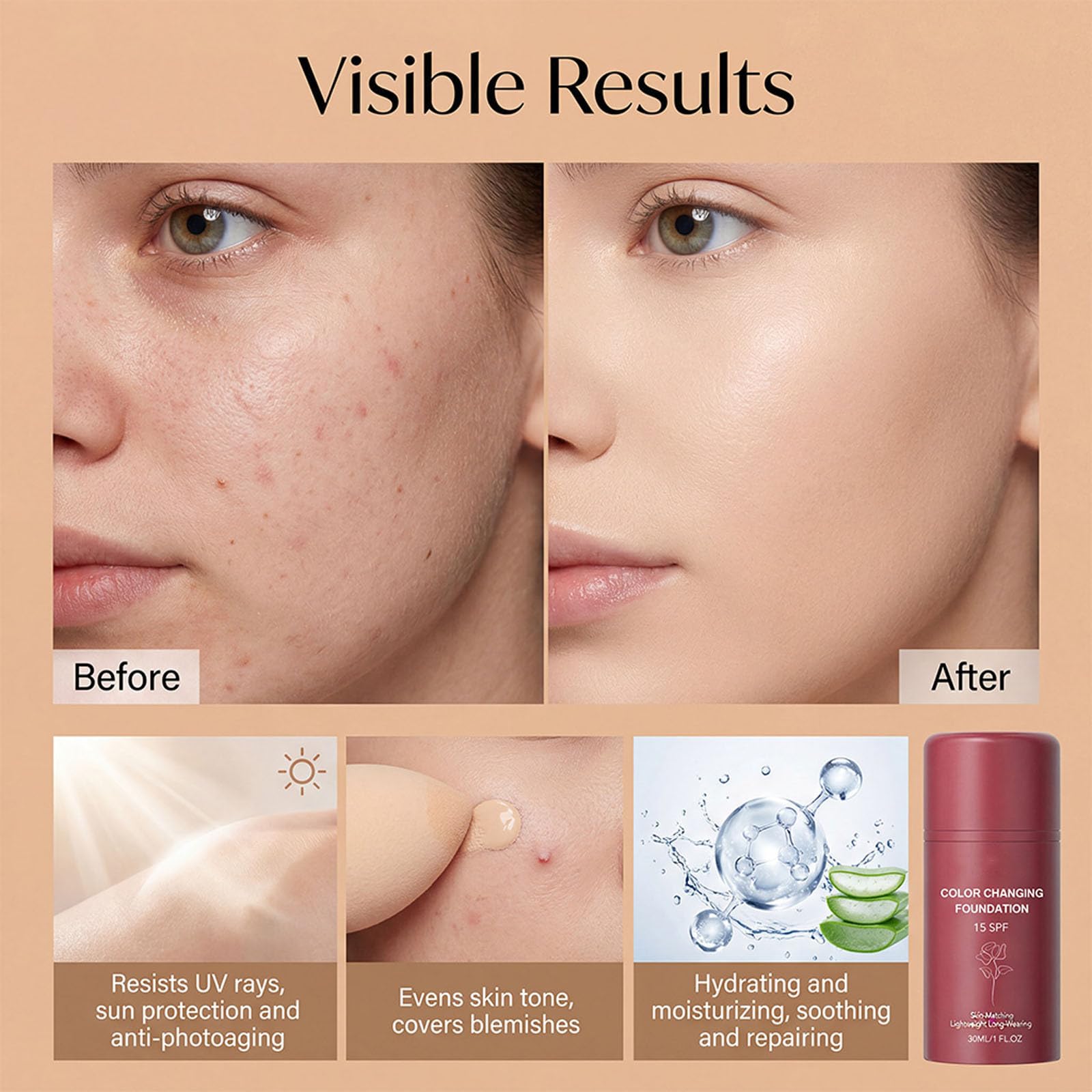 Foundation Korean, Color Changing Foundation, Flawless Color Changing Foundation Makeup Base Moisturizing Liquid, Natural Moisturizing Concealer, Sunscreen for All Skin Types (1PCS) — view 8