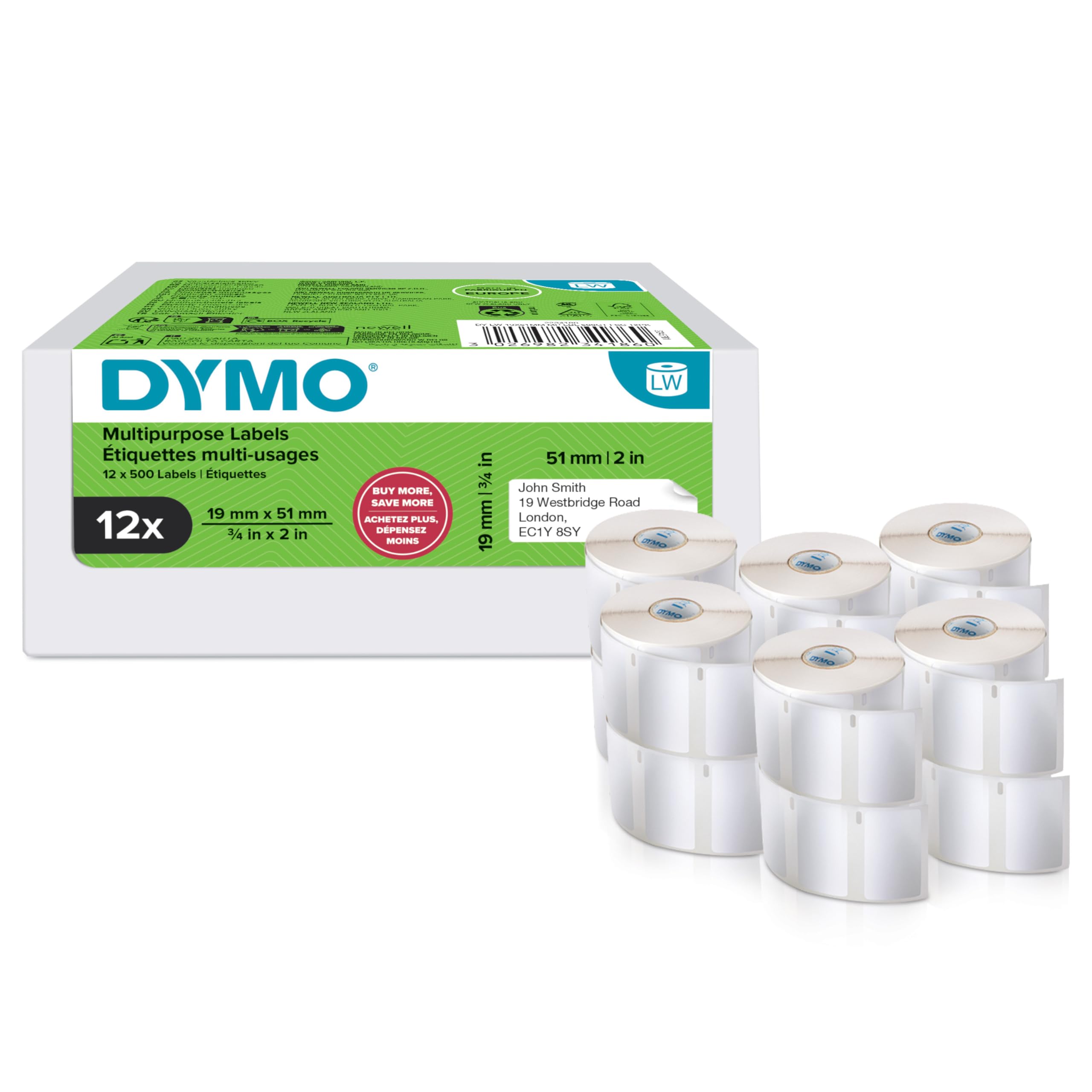 DYMO Original LabelWriter Mehrzwecketiketten/-Rücksendeetiketten | 19 mm x 51 mm | 12 Rollen mit je 500 leicht ablösbaren Etiketten (6.000 Stück) | für LabelWriter Beschriftungsgerät
