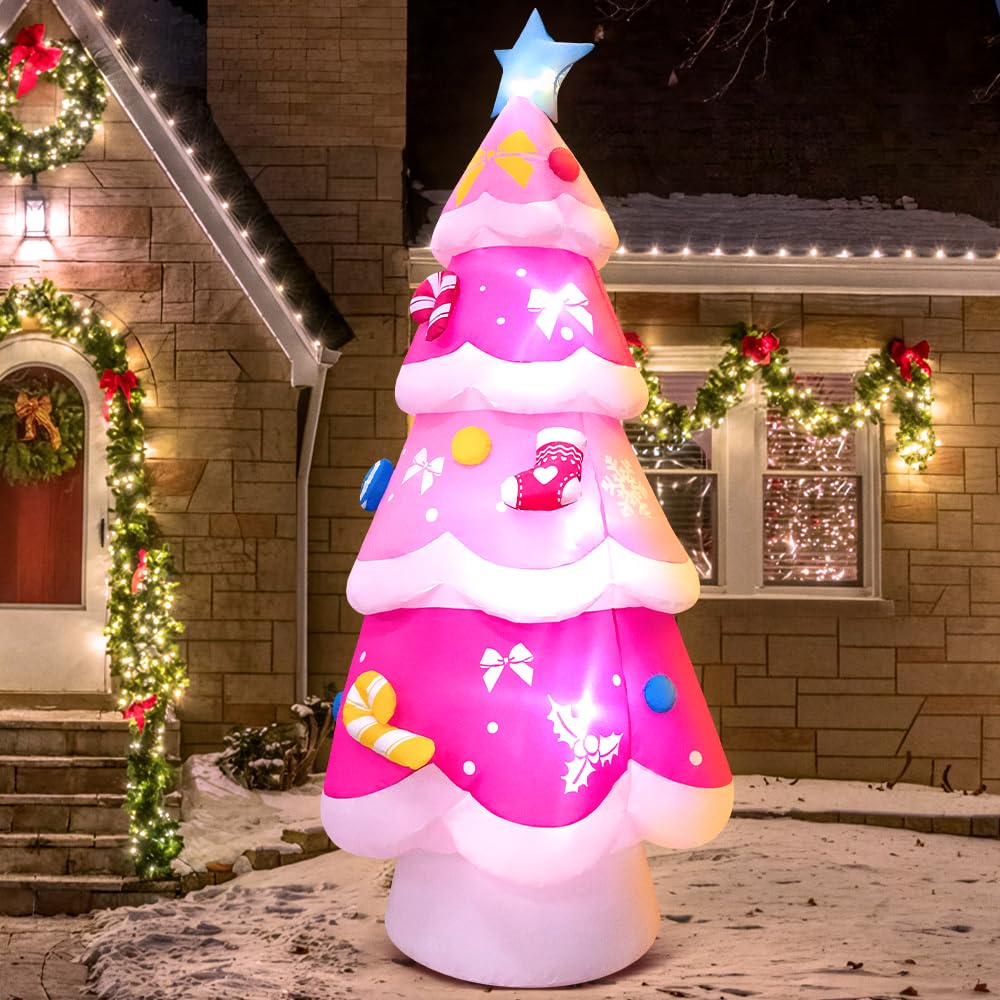 KOOY 7FT Christmas Inflatable Outdoor Decoration, Christmas Pink Tree Outdoor Blow up Yard Decorations with LED Light Up for Xmas New Year, Winter Outdoor Xmas Decor for Yard Holiday Party Lawn Décor