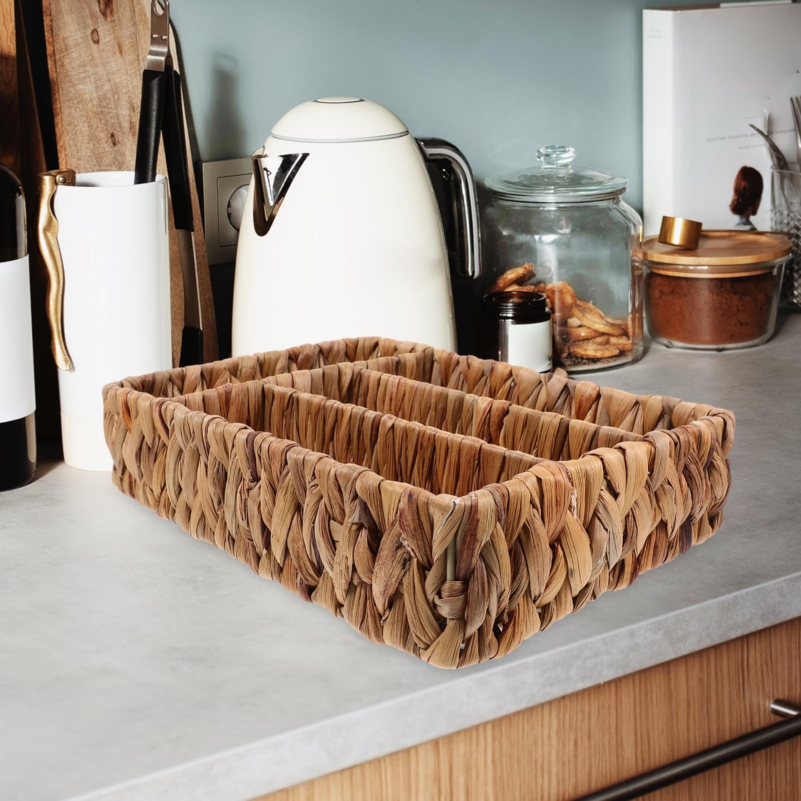 Ciieeo Cestino Porta Posate Intrecciato in Paglia 12.20X8.27X2.48In Organizer Diviso Per Posate E Utensili Da Cucina Design Compatto Salvaspazio Per Tavolo E Cassetti