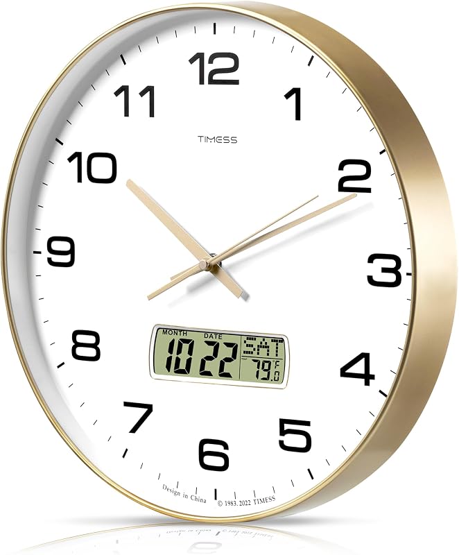 TIMESS Reloj de pared, 14 pulgadas, esfera grande, silencioso, funciona con pilas, analógico, con pantalla LCD para calendario perpetuo y temperatura F°, ideal para decoración moderna del hogar, dormitorio, oficina (dorado)