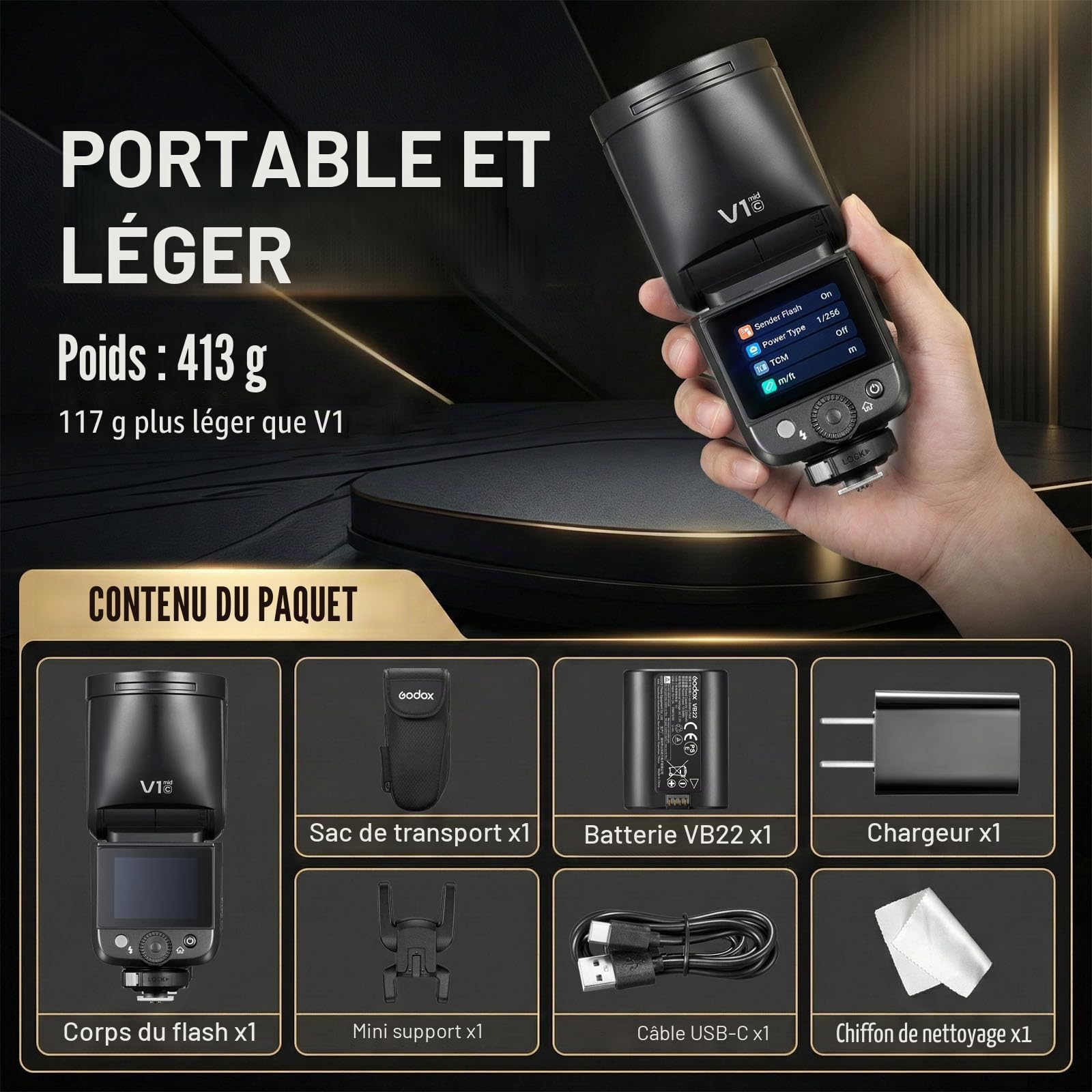 Godox V1 Mid C Flash pour Canon, Speedlite à tête Ronde 55Ws, Optique 24mm, 650+ éclairs, TTL/HSS 1/8000s, Flash de Voyage V1MID pour Canon EOS 2000D R7 R6 Mark II R10 R5 R8 R100 R6 RP M50 600D 90D