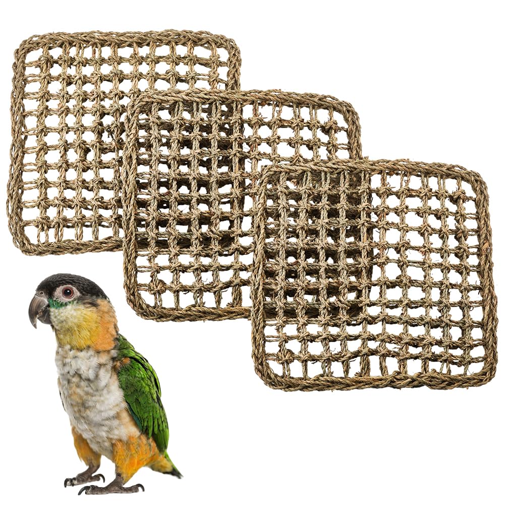 GORGECRAFT 3Pcs Seagrass Bird Mats Parrot Parakeet Natural Grass Woven Net Climbing Rope Ladder Hammock Mat Cage Accessories for Lovebird Conure Budgie Cockatiel Pigeon Rat Bearded Dragon