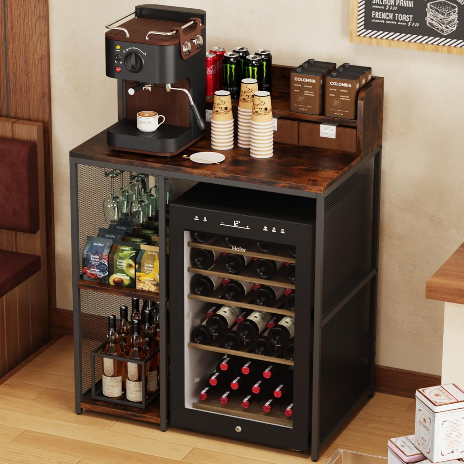 4-Tier Industrial Style Mini Fridge & Microwave Oven Stand, Adjustable Kitchen Bakers Rack, Freestanding Utility Storage Shelf for Living Room, Kitchen, Bar, Office Rustic Brown