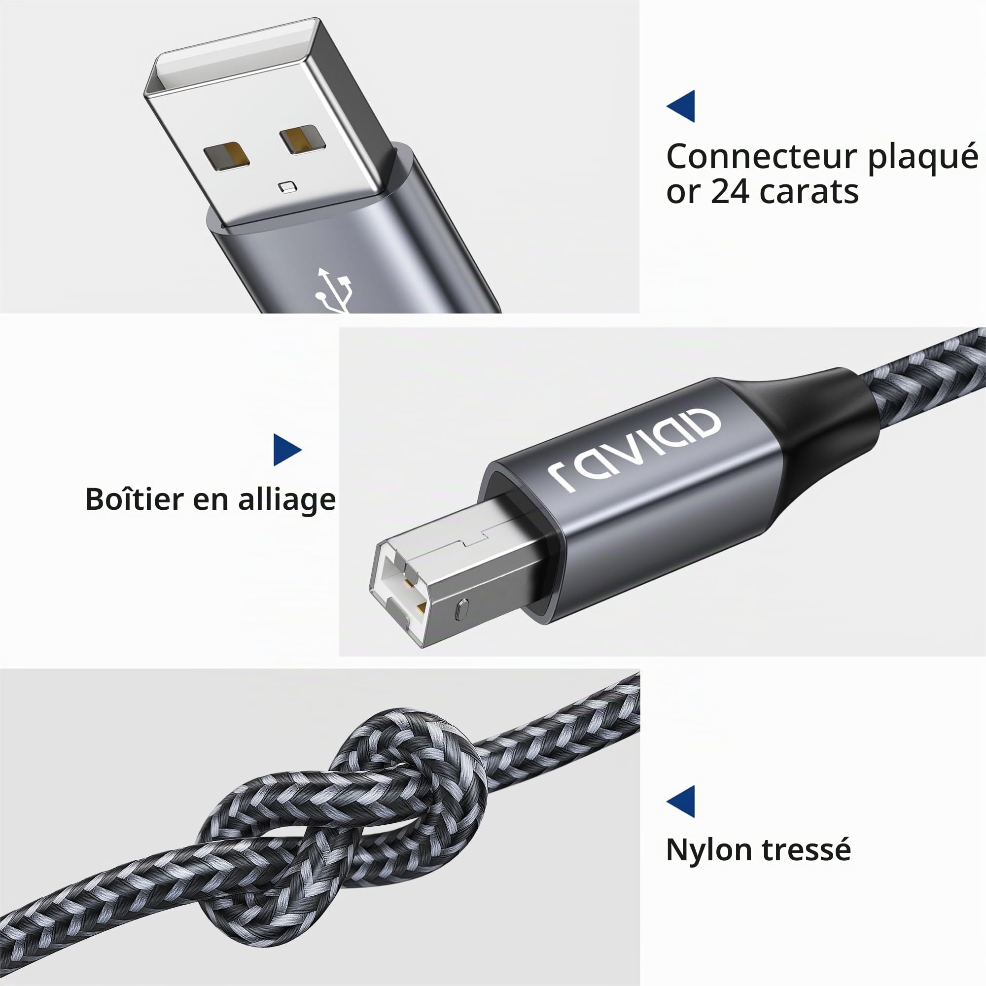 RAVIAD Câble Imprimante USB 2.0 A Mâle vers B Mâle 2M Nylon Gris