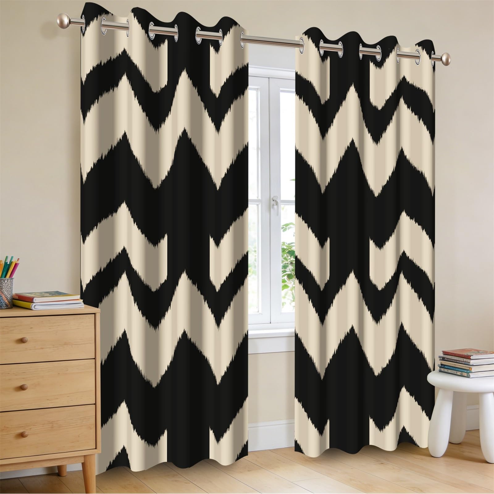 Rideaux occultants imprimés Beige et Noir 140x245cm pour Chambre et Salon, Lot de 2 Panneaux, Motif à Rayures abstraites, Style Moderne et élégant, œillets, Isolation Thermique.
